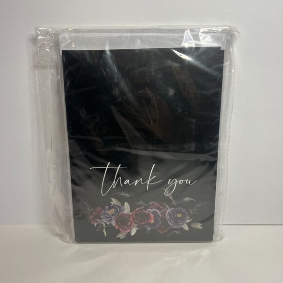 24 Pack Gothic Spooky Bat Black Floral Print Thank You Blank Cards w/ Envelopes - Picture 3 of 5